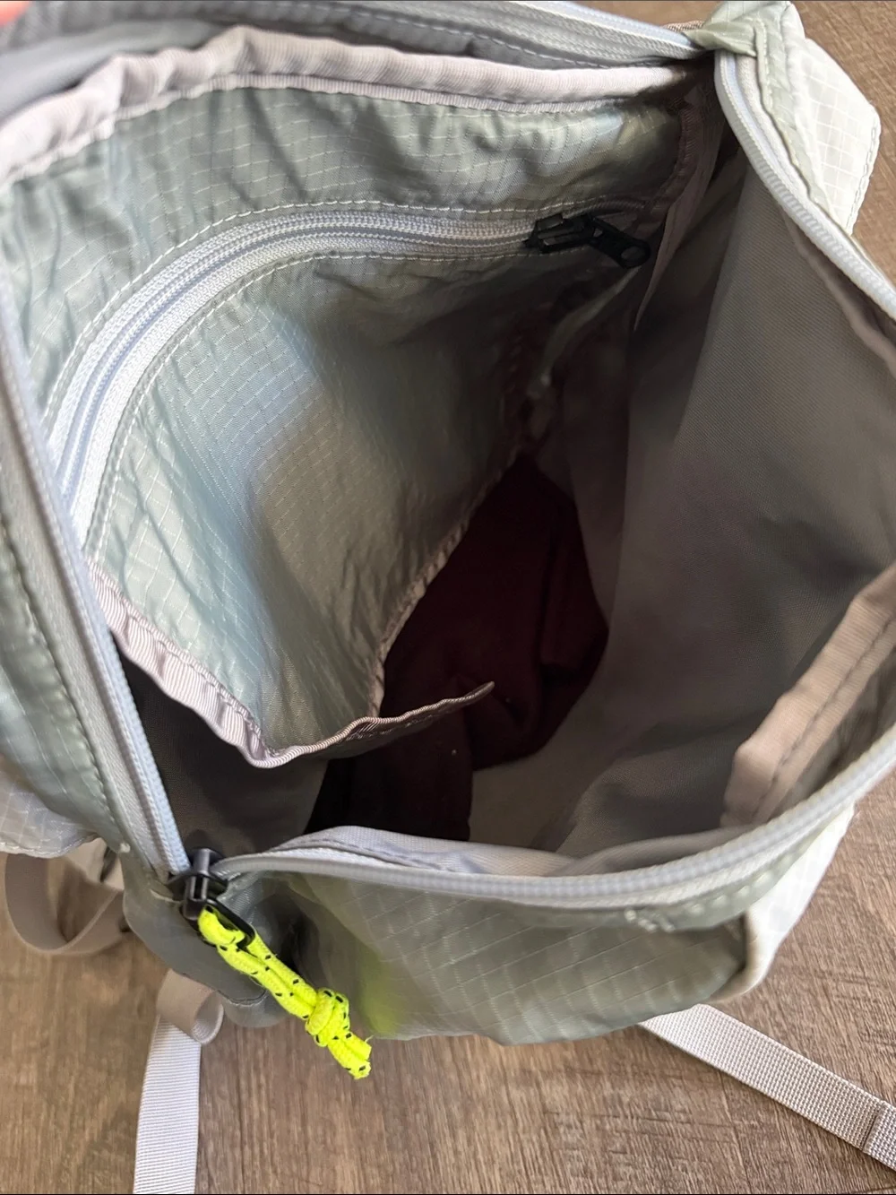 L.L. Bean Stowaway Sling Pack Light Gray with Neon Accents